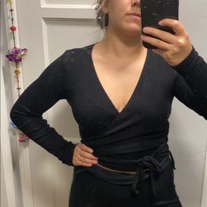 Reformation Jeans Black ribbed wrap top